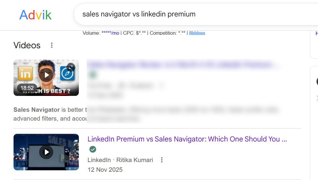 Google Video results: ranking for “sales navigator vs linkedin premium”