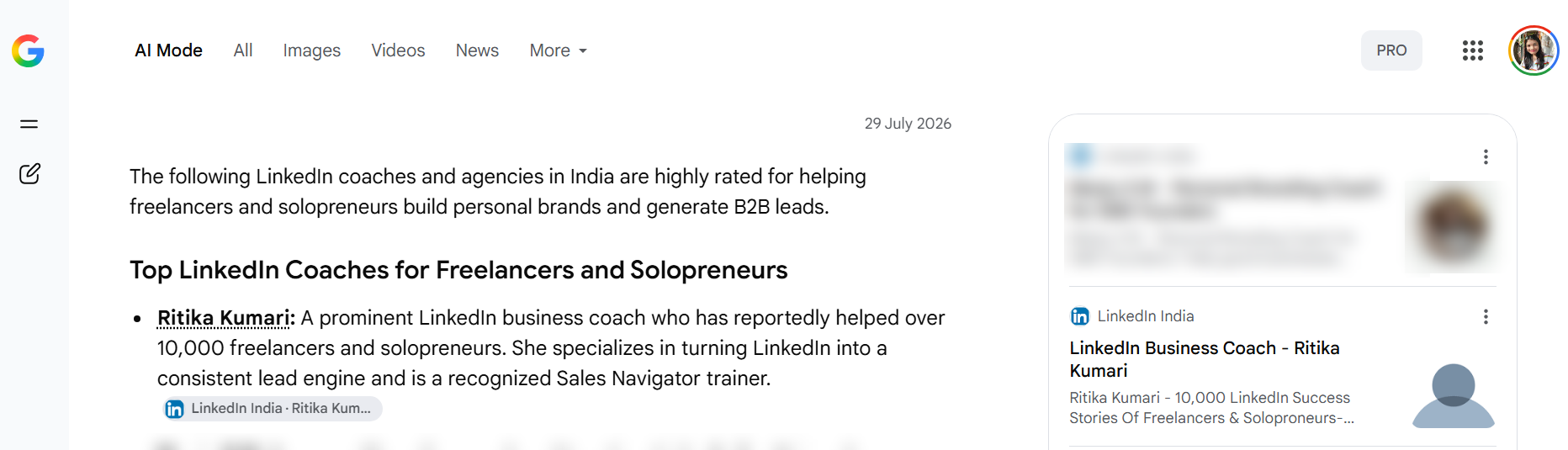 Google AI Mode: named first for “Top LinkedIn Coaches for Freelancers and Solopreneurs”
